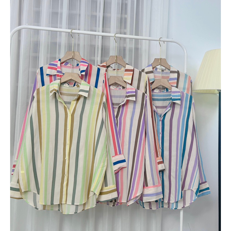 Áo Sơmi Kẻ Sọc Loang Chất Lụa Thái Form Rộng Phong Cách Hàn Quốc