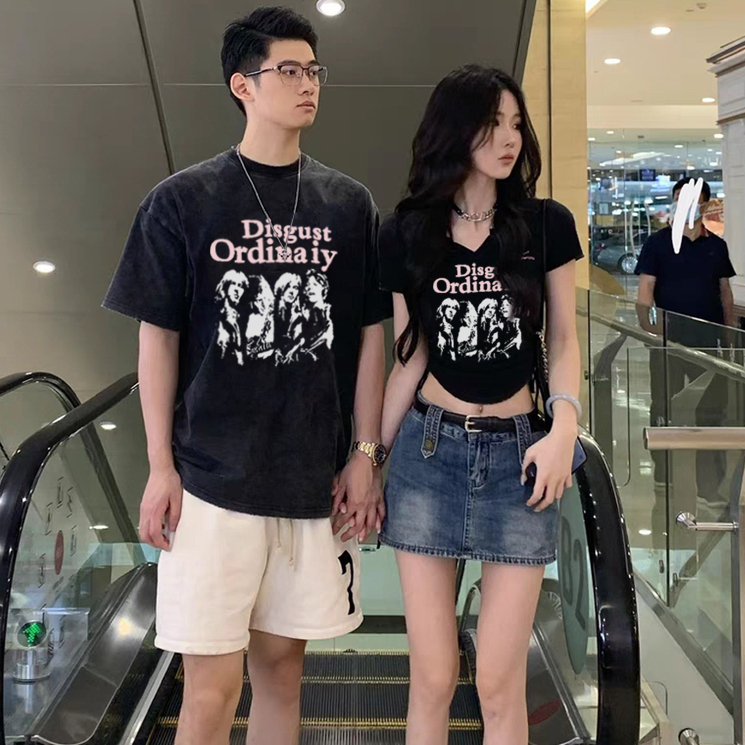 Áo thun đôi nam nữ mùa hè tay lỡ fom rộng unisex và croptop baby tee dây rút màu đen trắng Love Studio 100% A105