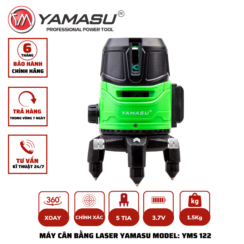 Máy cân bằng laser 5 tia xanh siêu sáng YAMASU YMS-122 2 Pin, 1 sạc tặng kèm chân laser 1,2m