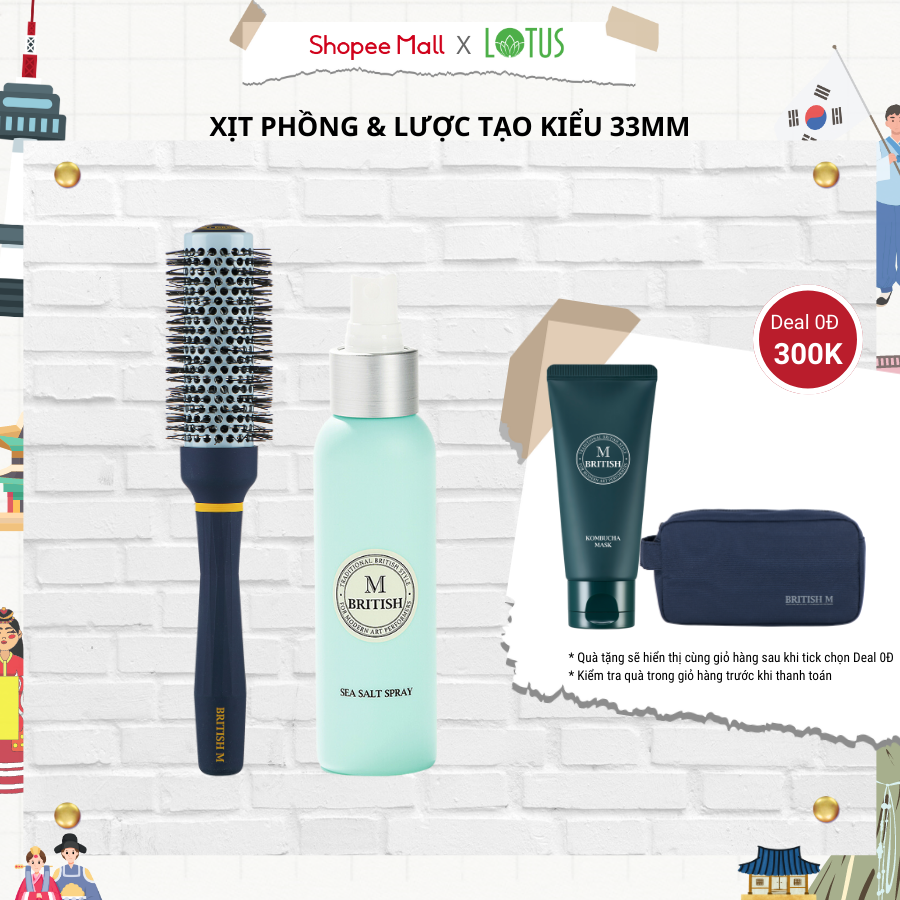 Combo xịt tạo phồng, lược tròn tạo kiểu BRITISHM sea salt spray & BRITISH M Hot Curling Ceramic Brush 33mm