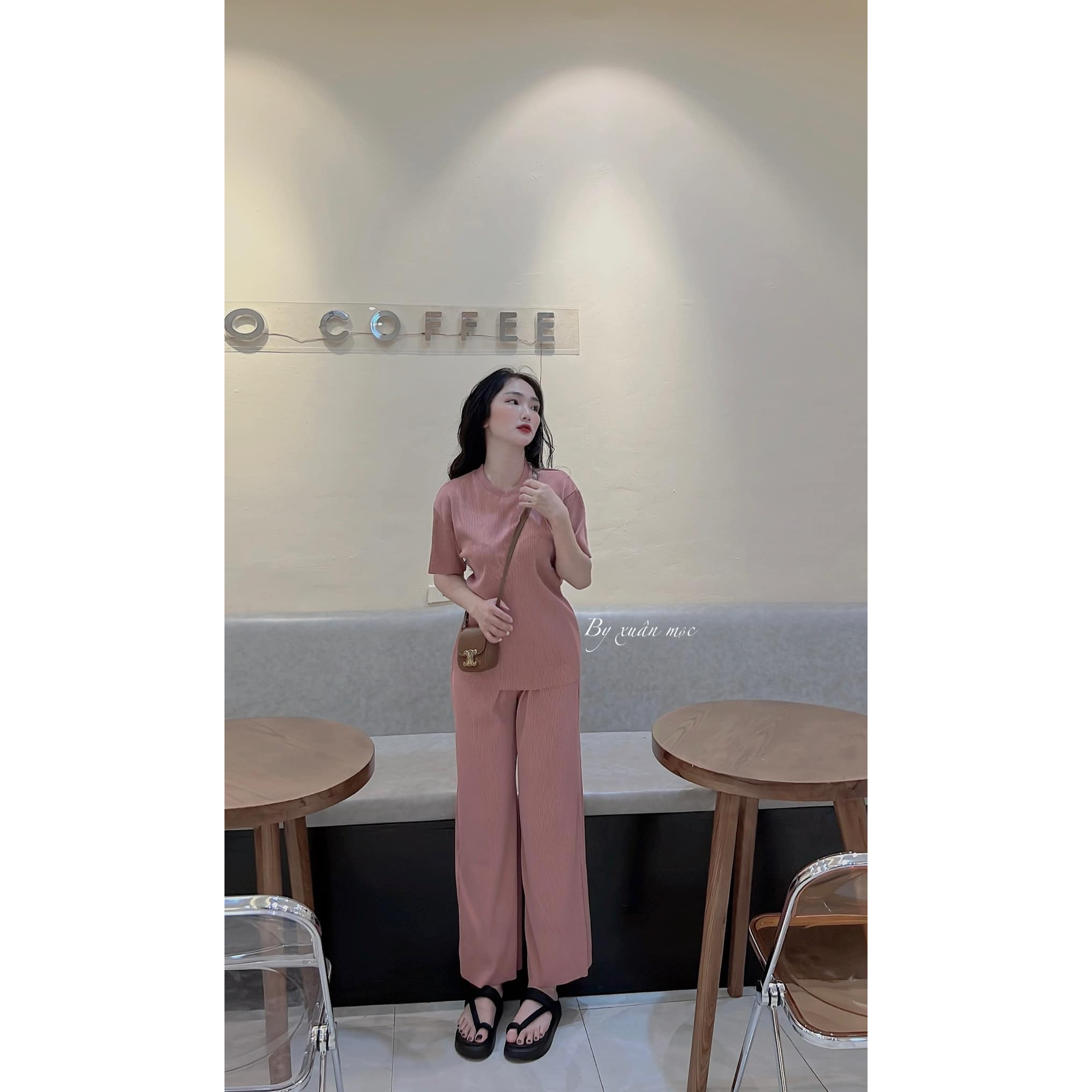 Set dập li nữ áo thun + quần suông chất tăm hàng quảng châu siêu đẹp