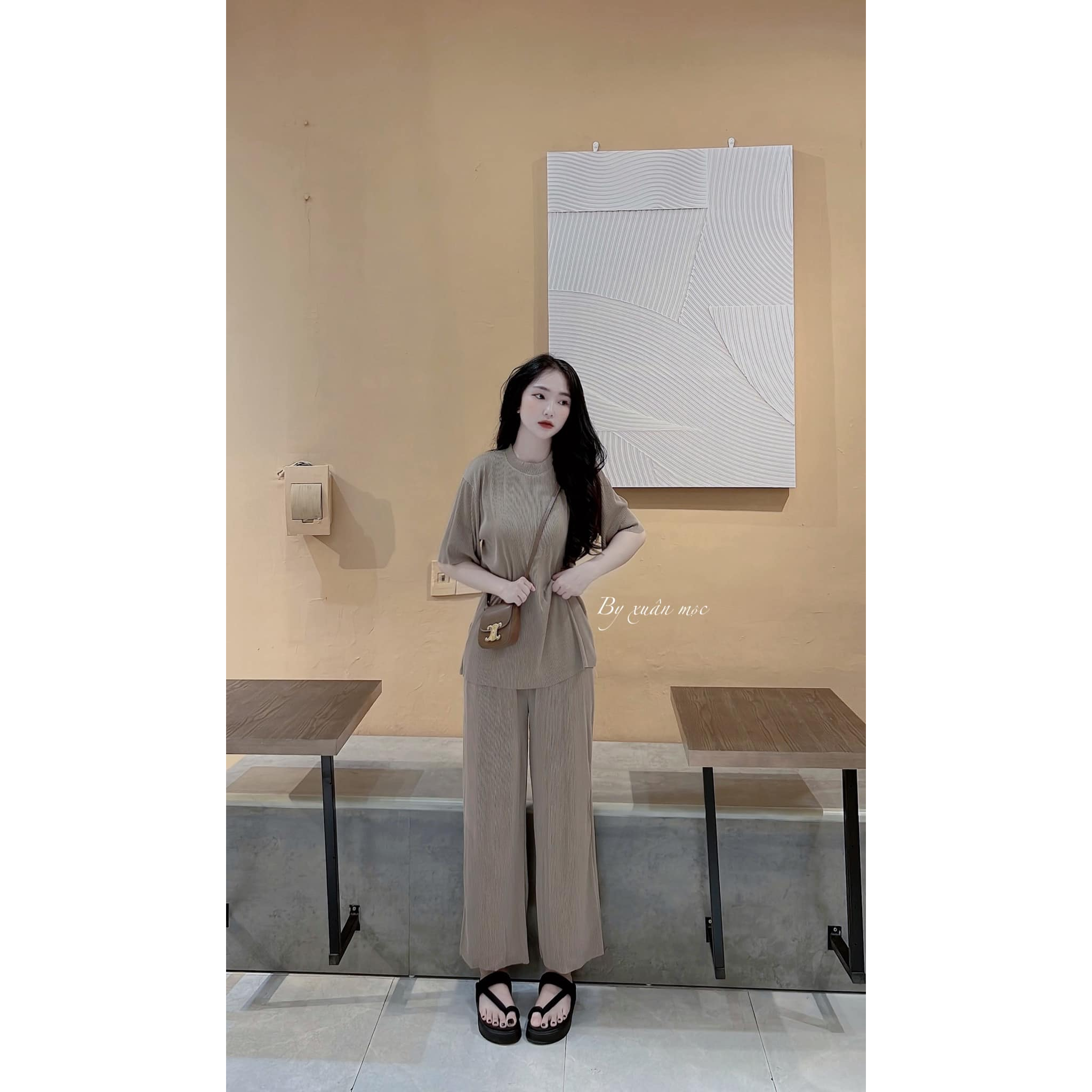 Set dập li nữ áo thun + quần suông chất tăm hàng quảng châu siêu đẹp