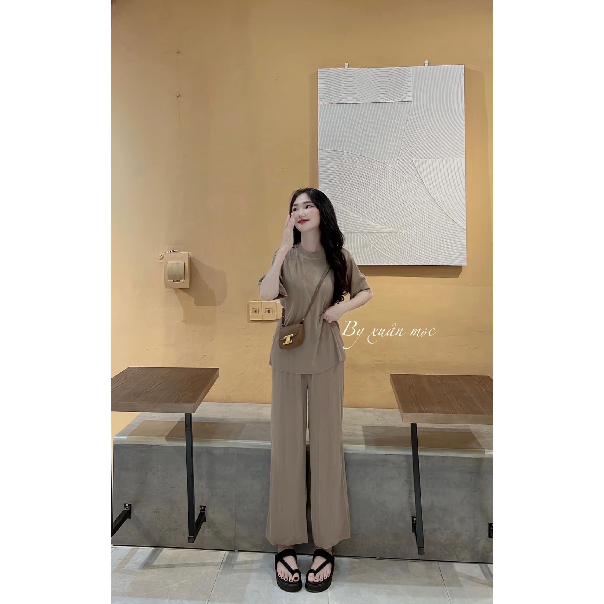 Set dập li nữ áo thun + quần suông chất tăm hàng quảng châu siêu đẹp