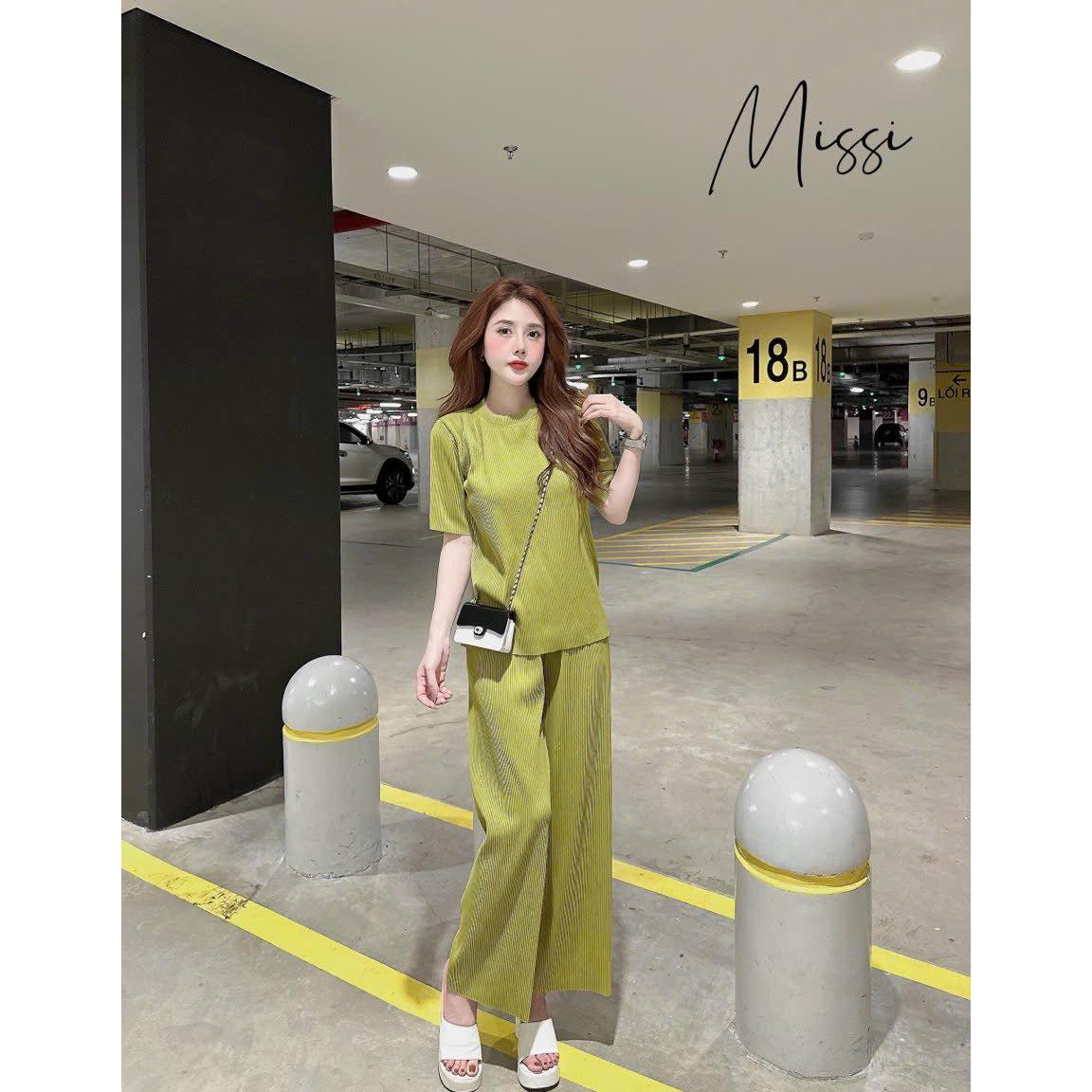 Set dập li nữ áo thun + quần suông chất tăm hàng quảng châu siêu đẹp