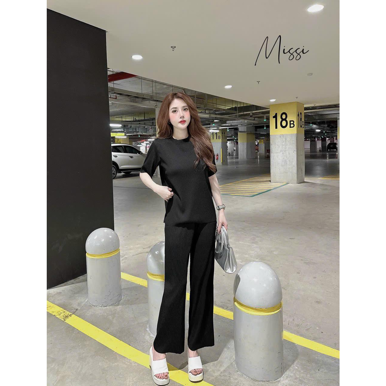 Set dập li nữ áo thun + quần suông chất tăm hàng quảng châu siêu đẹp