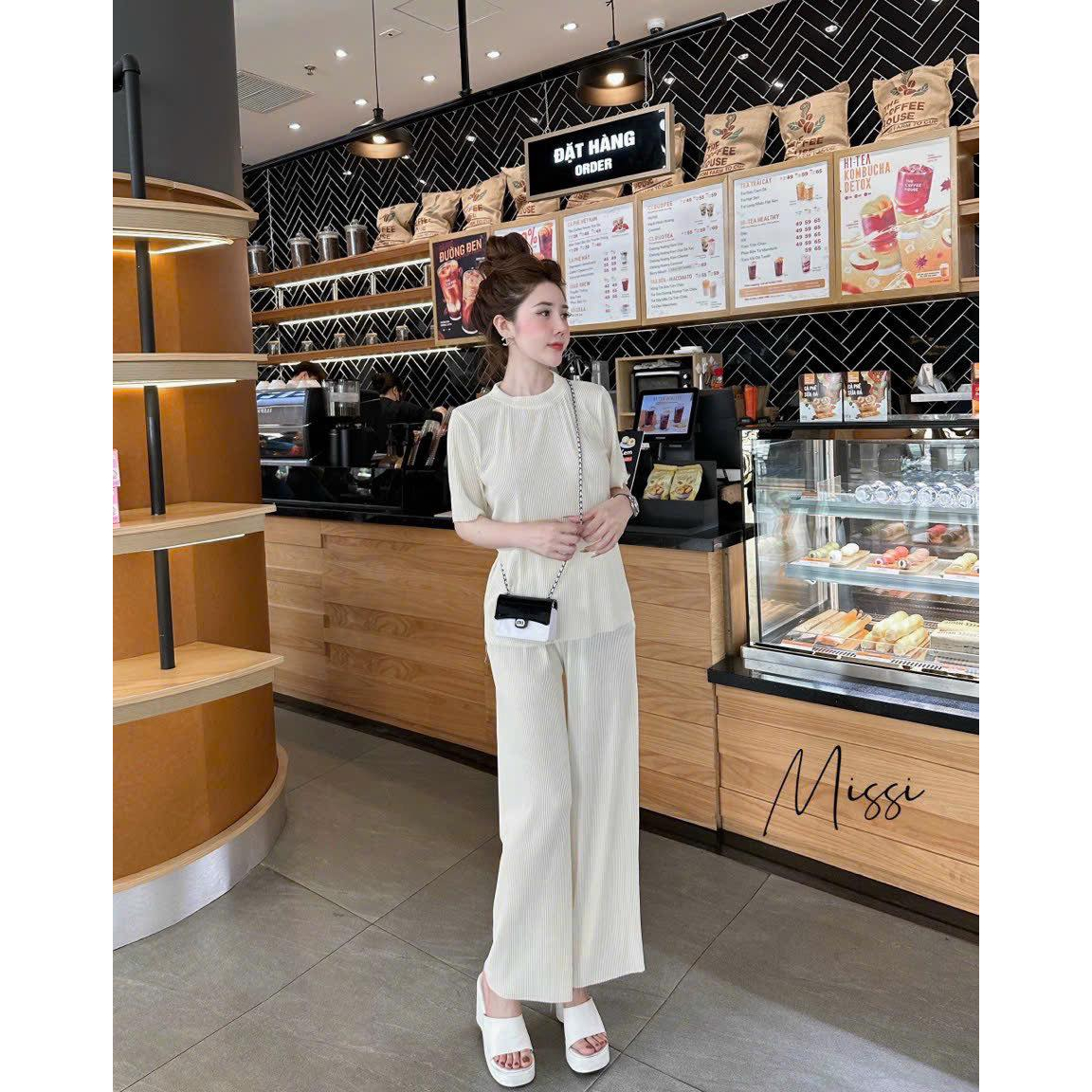 Set dập li nữ áo thun + quần suông chất tăm hàng quảng châu siêu đẹp