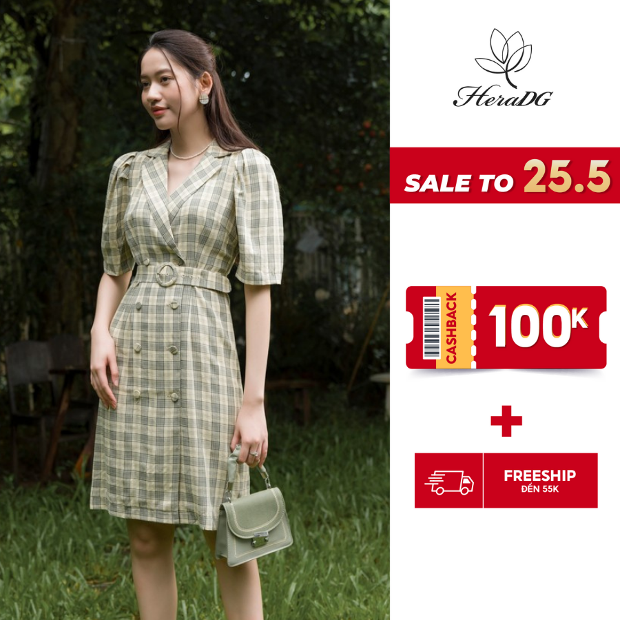 Đầm ôm cô 2 ve kẻ caro có đai HeraDG - SDCBA049
