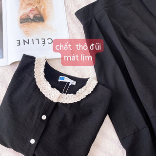 Set áo và chân váy đũi đen cổ bèo