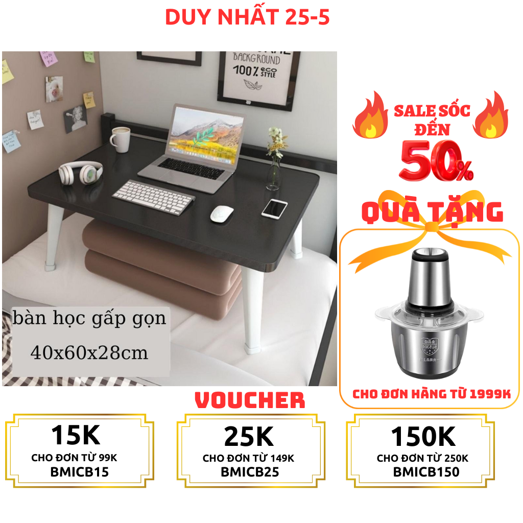 Bàn học gấp gọn mini mặt gỗ chân nhựa thông minh ngồi bệt để giường laptop xếp gọn dành cho học sinh , sinh viên