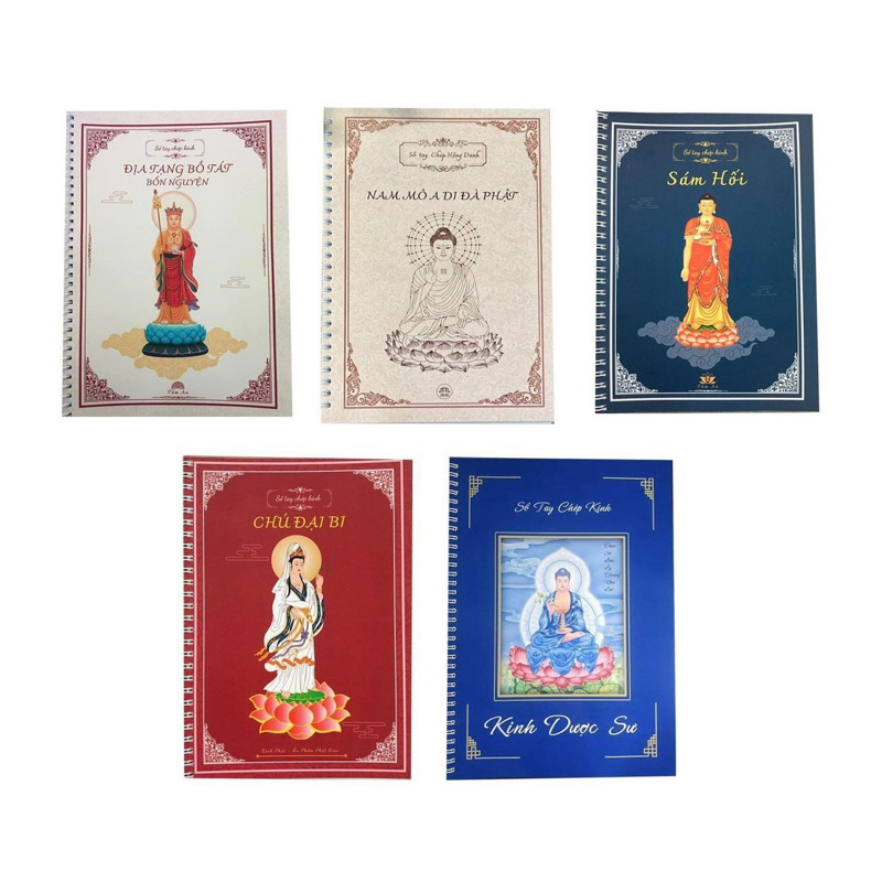 Combo 5 sổ chép kinh: Địa tạng + Sám Hối + Chú đại bi + Hồng Danh + Dược sư (Tặng kèm bút)