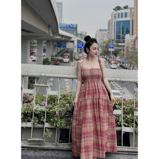 Váy maxi 2 dây caro đỏ chun ngực hot hit siêu xinh