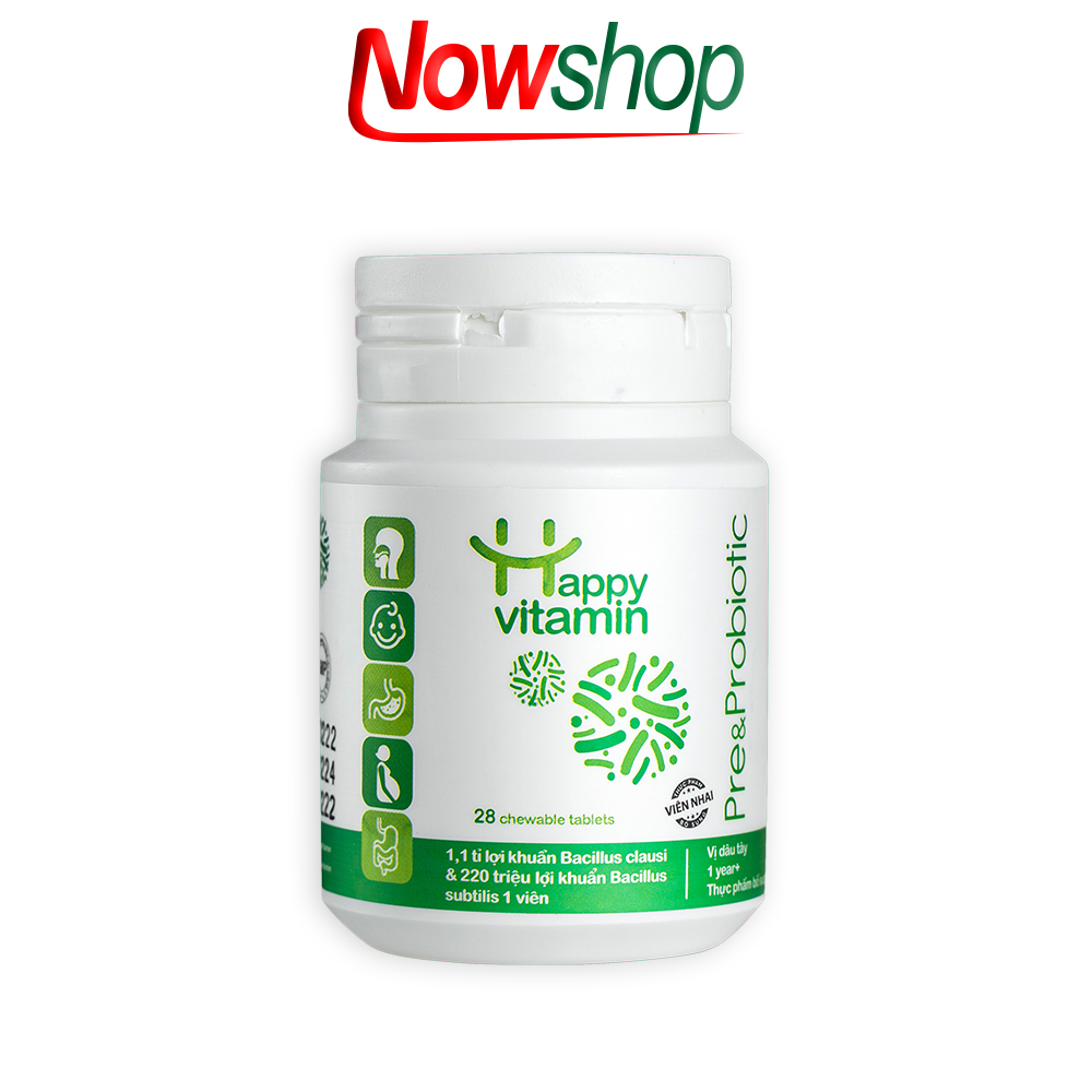 Kẹo ngậm lợi khuẩn Happy Vitamin Pre&Probiotic giúp cân bằng hệ tiêu hoá giảm táo bón tiêu chảy hiệu quả. Hộp 28 viên
