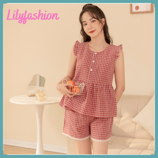 Đồ bộ nữ, bộ ngủ sát nách tay cánh tiên chất thô đũi mềm mịn bộ mặc nhà nữ họa tiết caro dễ thương