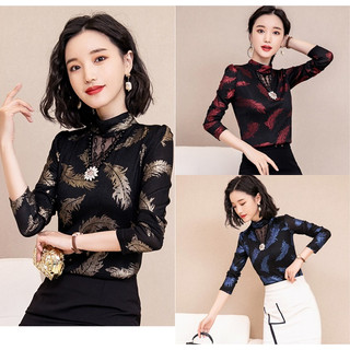 HÀNG NHẬP - ÁO KIỂU THU ĐÔNG THUN LƯỚI HỌA TIẾT LÁ KÈM PHỤ KIỆN CỔ - A23185