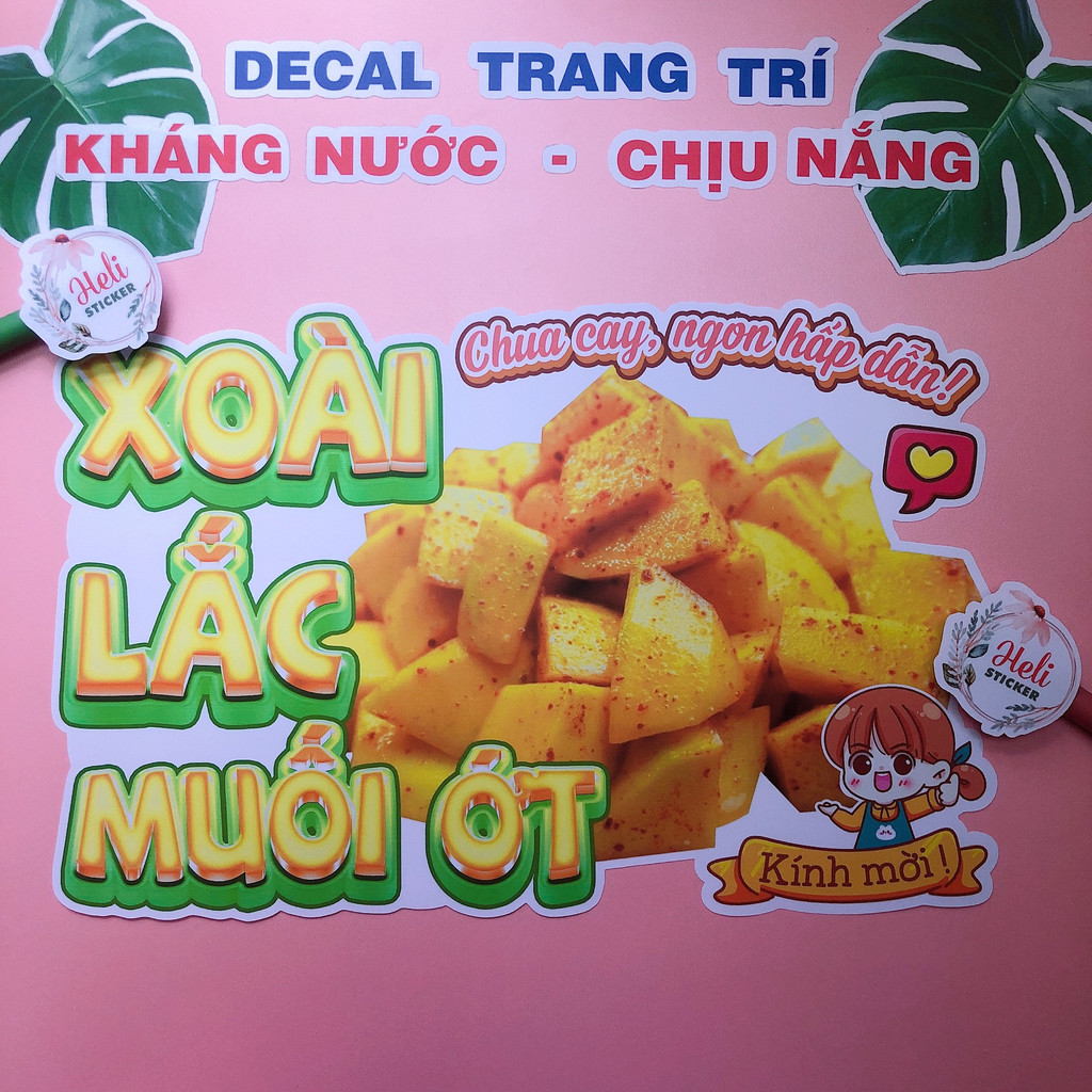 Decal Trang Trí XOÀI LẮC MUỐI ỚT Loại 1 ✨ Hình Dán Decor Quán Trà Sữa, Cà Phê, Sinh Tố - Sticker Kháng Nước, Chịu Nắng.