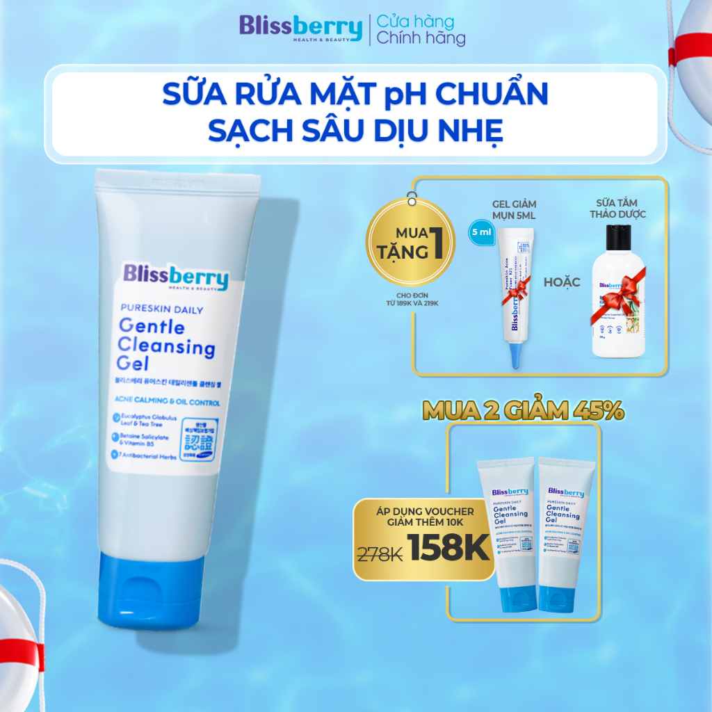 Sữa rửa mặt dịu nhẹ sạch sâu giảm mụn Blissberry Daily Gentle Cleansing Gel 100ml