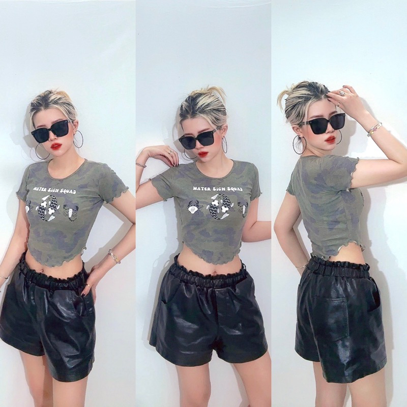 Áo croptop ôm cổ tròn xoăn lai bầu thun Bo ríp lính in Song Ngư