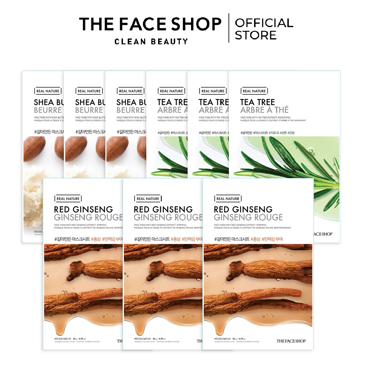 Combo 9 Mặt Nạ Real Nature Dưỡng Da THE FACE SHOP (hồng sâm,tràm trà,bơ hạt) 20g
