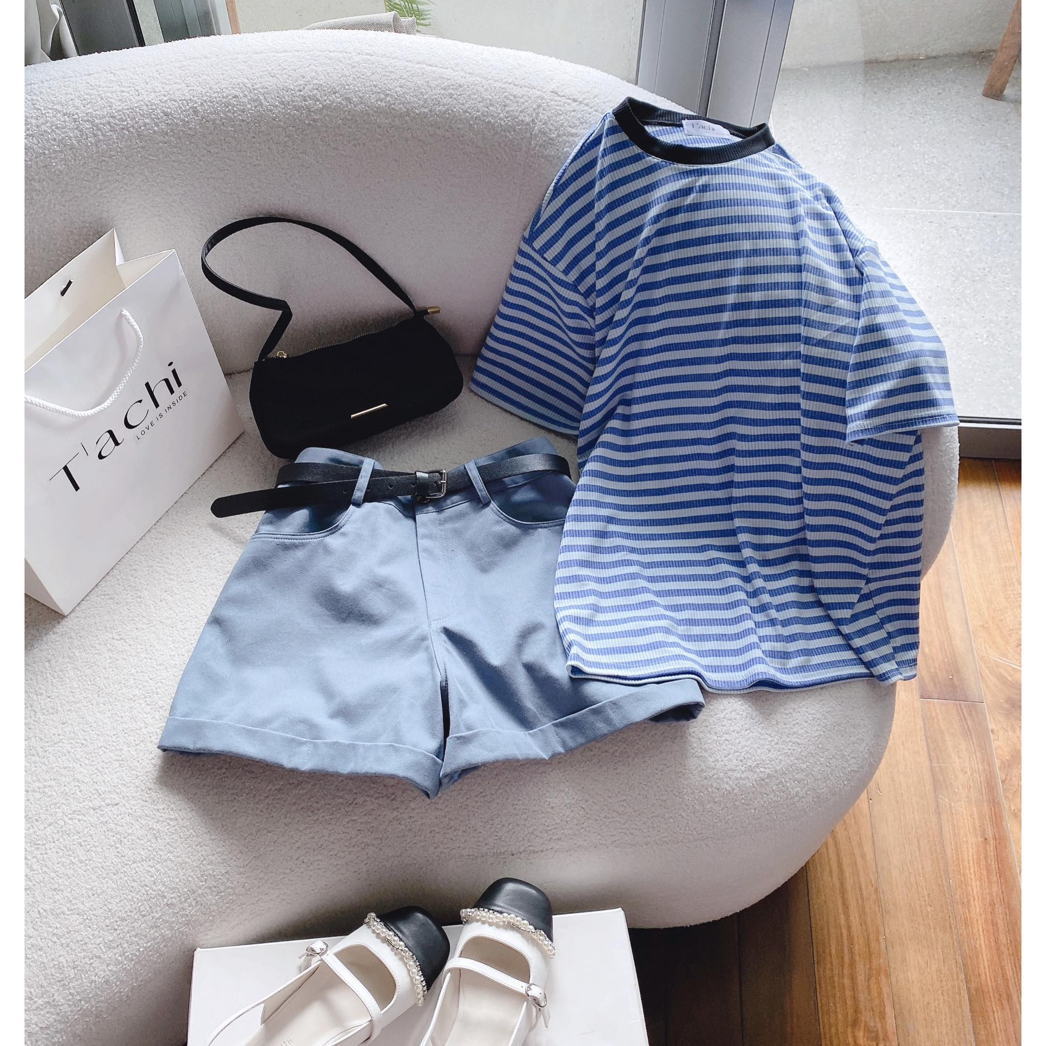 SET ÁO THUN SỌC XANH + SHORT XANH KÈM BELT