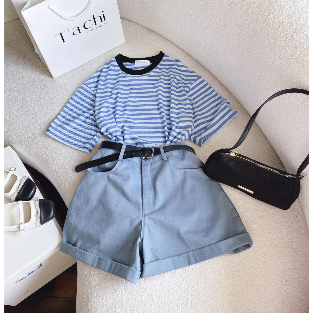 SET ÁO THUN SỌC XANH + SHORT XANH KÈM BELT