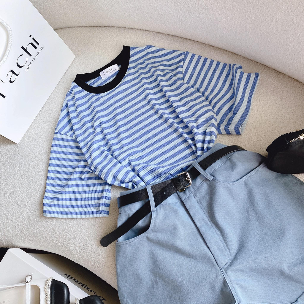 SET ÁO THUN SỌC XANH + SHORT XANH KÈM BELT