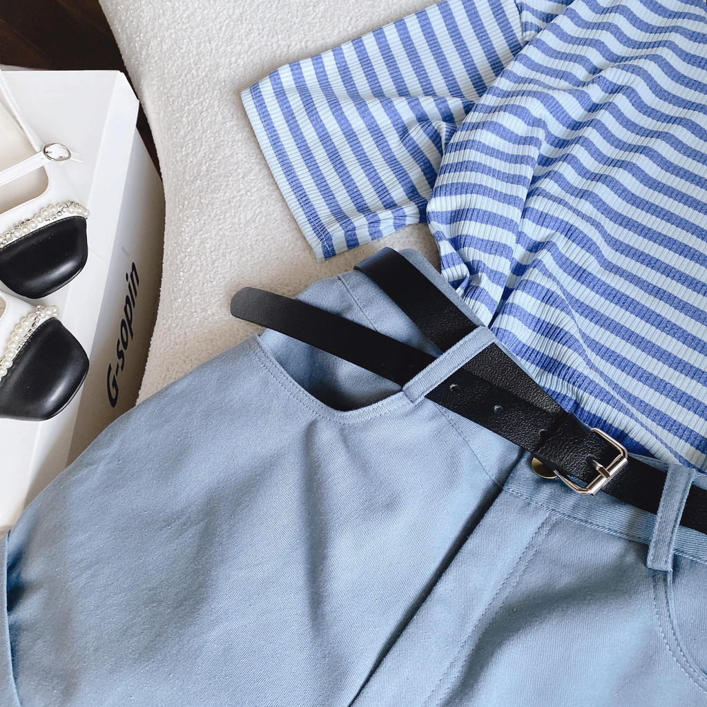 SET ÁO THUN SỌC XANH + SHORT XANH KÈM BELT