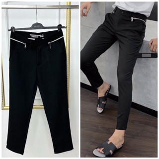 Quần tây nam- Quần âu nam trơn dệt logo cạp quần dsq2 phối khoá zip eo cao cấp dày dặn Trendyman học sinh, công sở basic