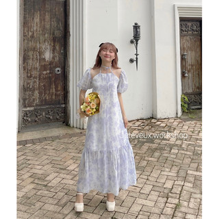 Váy hoa yếm tay phồng dáng dài - Design by Jeteveux