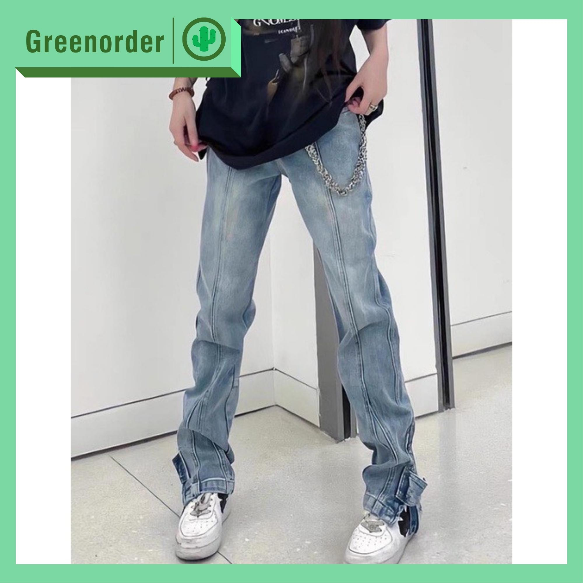 Quần jean form suông cao cấp unisex họa tiết cúc bấm kèm khóa zip phong cách hiphop