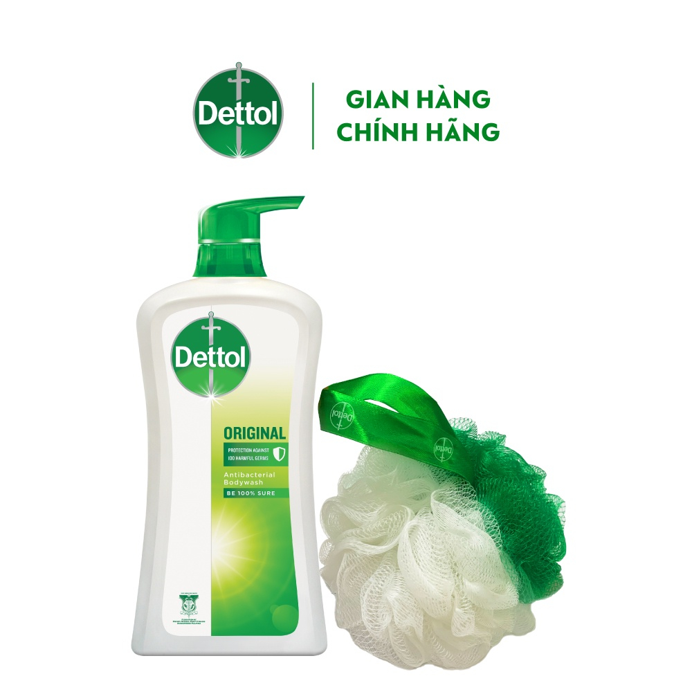 Bộ quà tặng Sữa tắm Dettol kháng khuẩn và dưỡng thể – Chai 950g ( tặng kèm bông tắm) date T11/2023