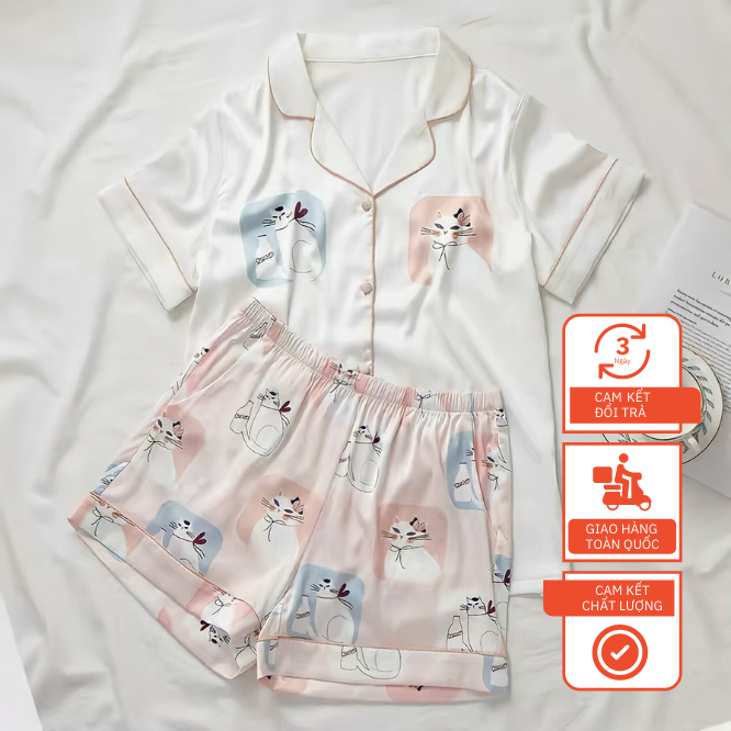 Bộ Đùi Lụa Xước Hoạ Tiết Mèo Cute