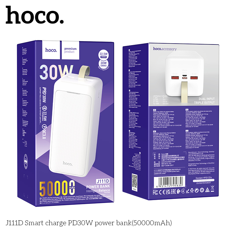 Pin dự phòng sạc siêu nhanh Hoco J111D 50000mAh TypeC PD 30W, USB QC 3.0 22.5W - Hãng phân phối