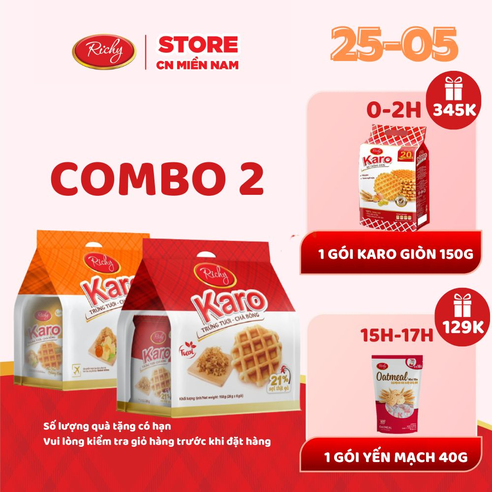Combo 2 bịch bánh trứng tươi chà bông Karo Richy sợi thịt gà và phô mai hoàng kim 26g