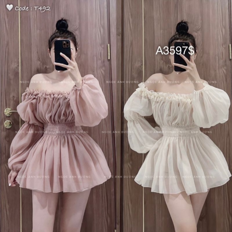 Áo Voan Tơ Trễ Vai Nhún Ôm Ngực Tay Bồng ,Áo Babydoll Tiểu Thư Nhún Xoè Dáng Dài Freesize -A359