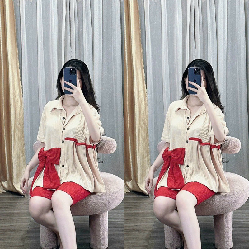 Set Bộ Áo Sơ Mi Ngố Xốp Nhún Gắn Nơ Tay Ngắn + Quần Ống Ôm