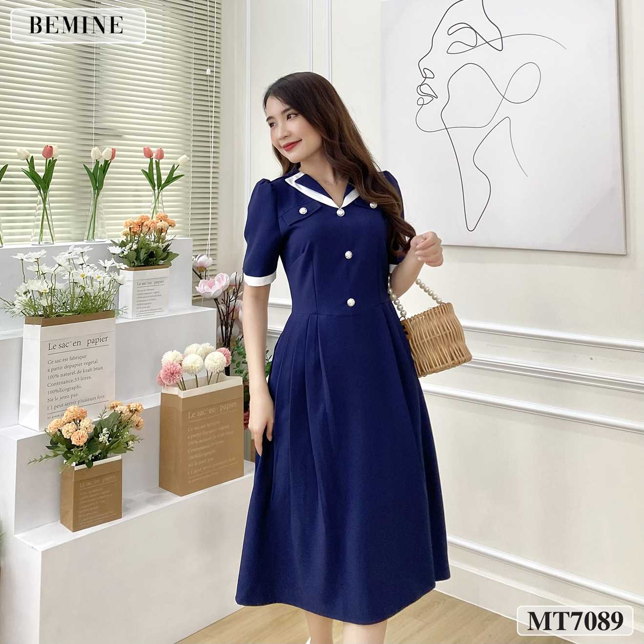 Đầm thiết kế giả cổ vest tay ống đứng BEMINE MT7089