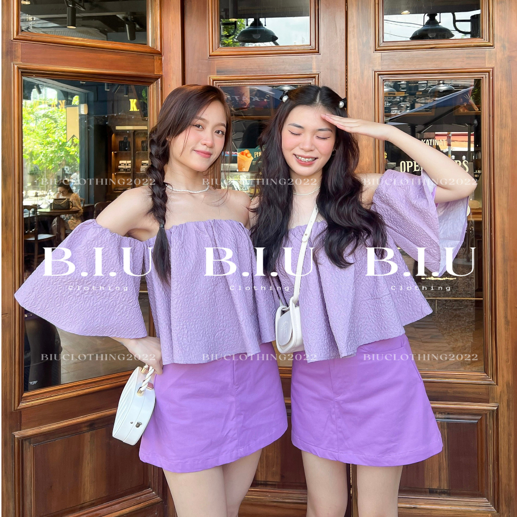 Set áo bẹt vai phồng chân váy chữ A kaki tiểu thư sang chảnh Gwen Set BIU Cothing BB0079 màu tím