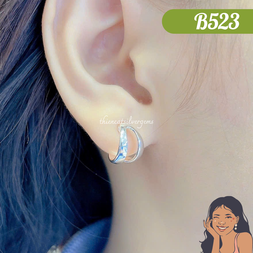 B523 Bông tai khoen tròn vành đôi tráng gương Bạc thật nguyên chất Thiên Cát
