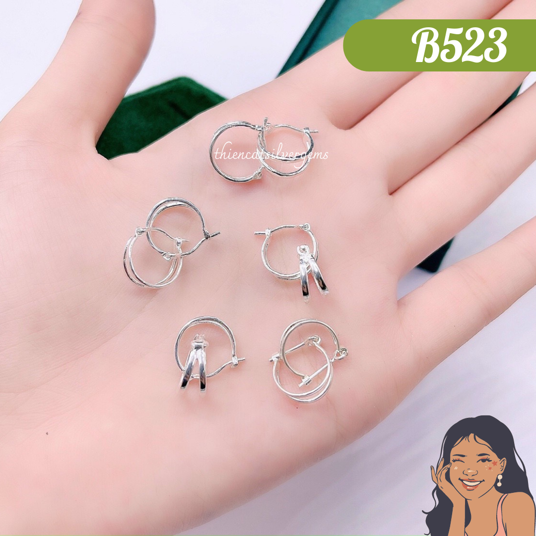 B523 Bông tai khoen tròn vành đôi tráng gương Bạc thật nguyên chất Thiên Cát