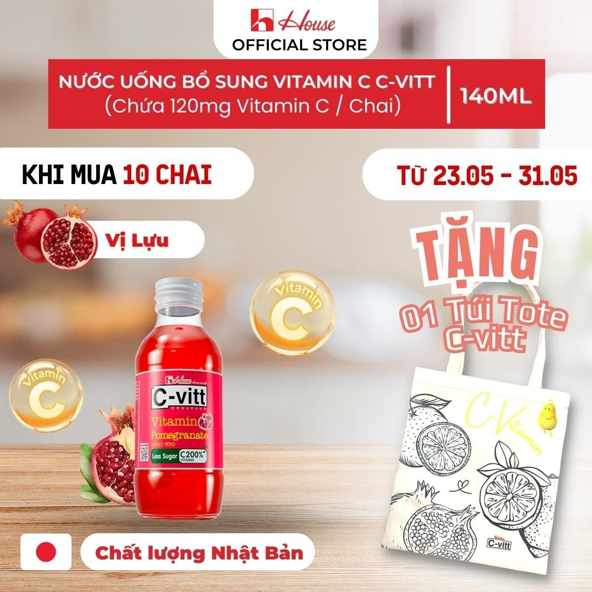 TPBS Nước lựu vitamin C C-VITT - Bổ sung Vitamin C - Tăng đề kháng, giảm stress, sáng da tự nhiên - Chai 140ml