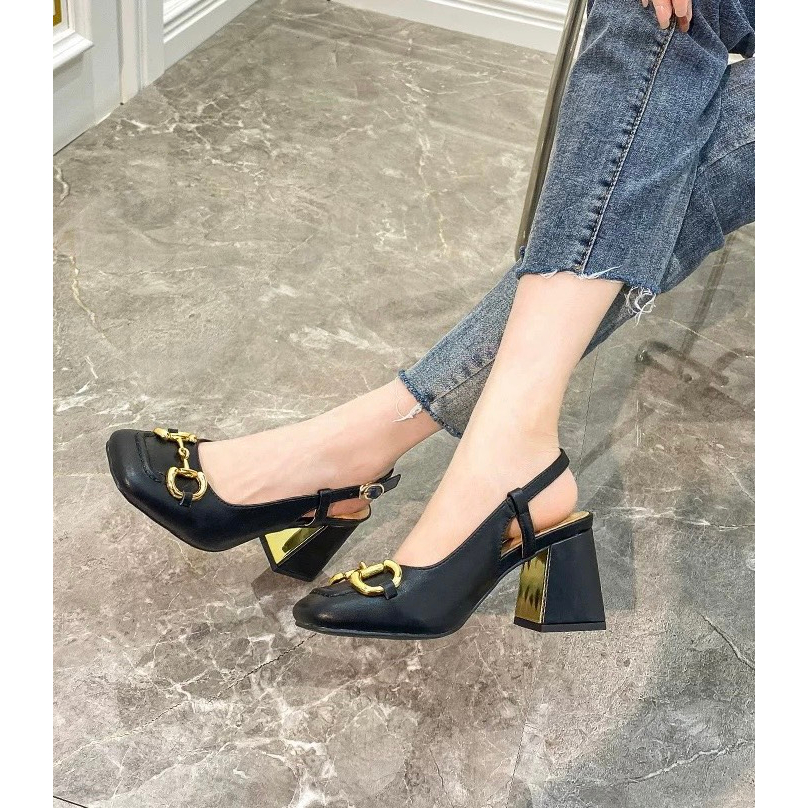 Giày Cao Gót Nữ 7 phân bít mũi Giày cao gót khóa xích gương vàng đế vuông chất da lì cao cấp