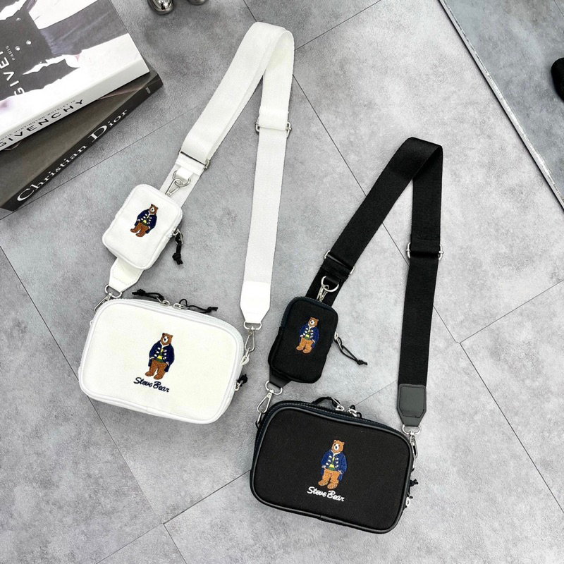 TÚI WHO.AU CON GẤU DỄ THƯƠNG TRẮNG ĐEN 2 NGĂN KÈM TÚI MINI