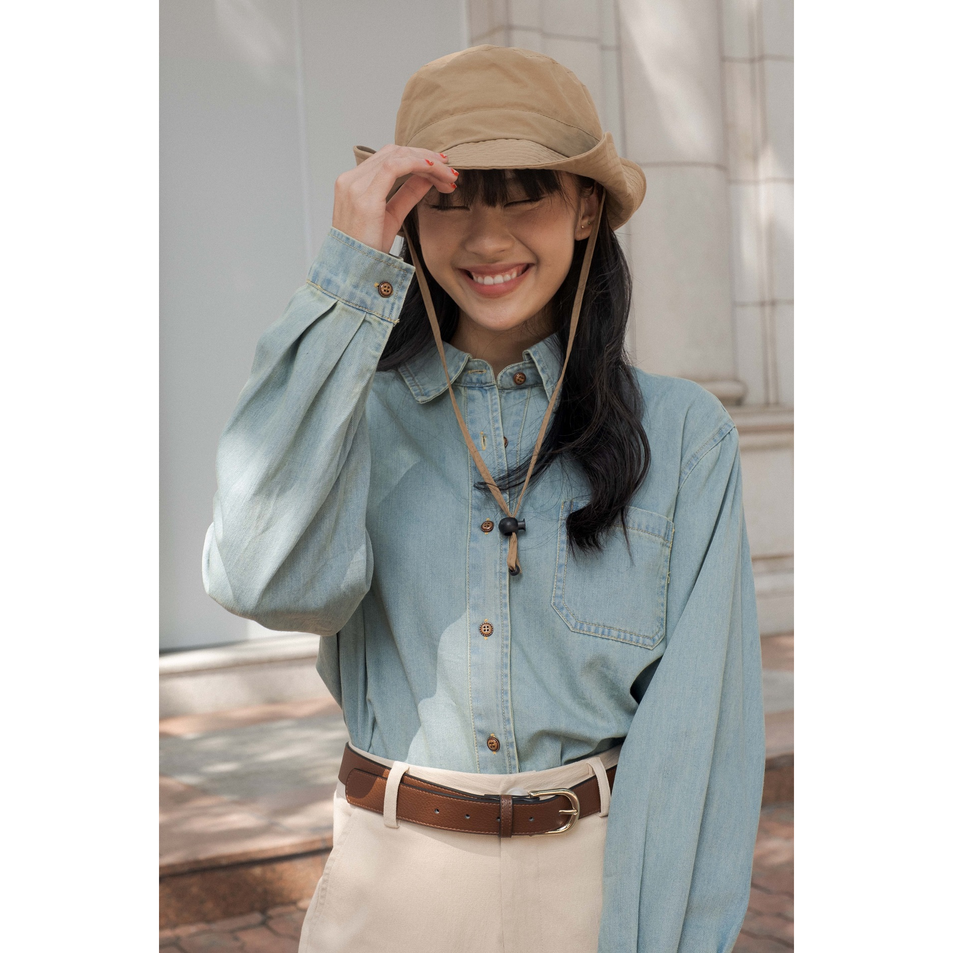 Áo somi denim trơn nút tròn 2 màu LENCLOTHING 9542
