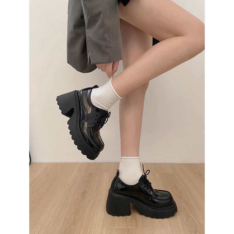 Giày Oxfod cột dây đế trụ vuông răng cưa chất da PU cao cấp độn 6cm cá tính style hàn quốc