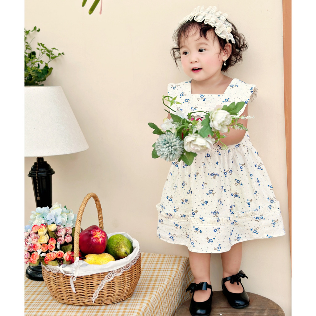 Váy Bé Gái Thiết Kế Cổ Vuông Nhún Bèo Họa Tiết Xinh Xắn Cho Bé Từ 1 Đến 6 Tuổi - Montren Dress - SAOLA CLOTHING - DRC046