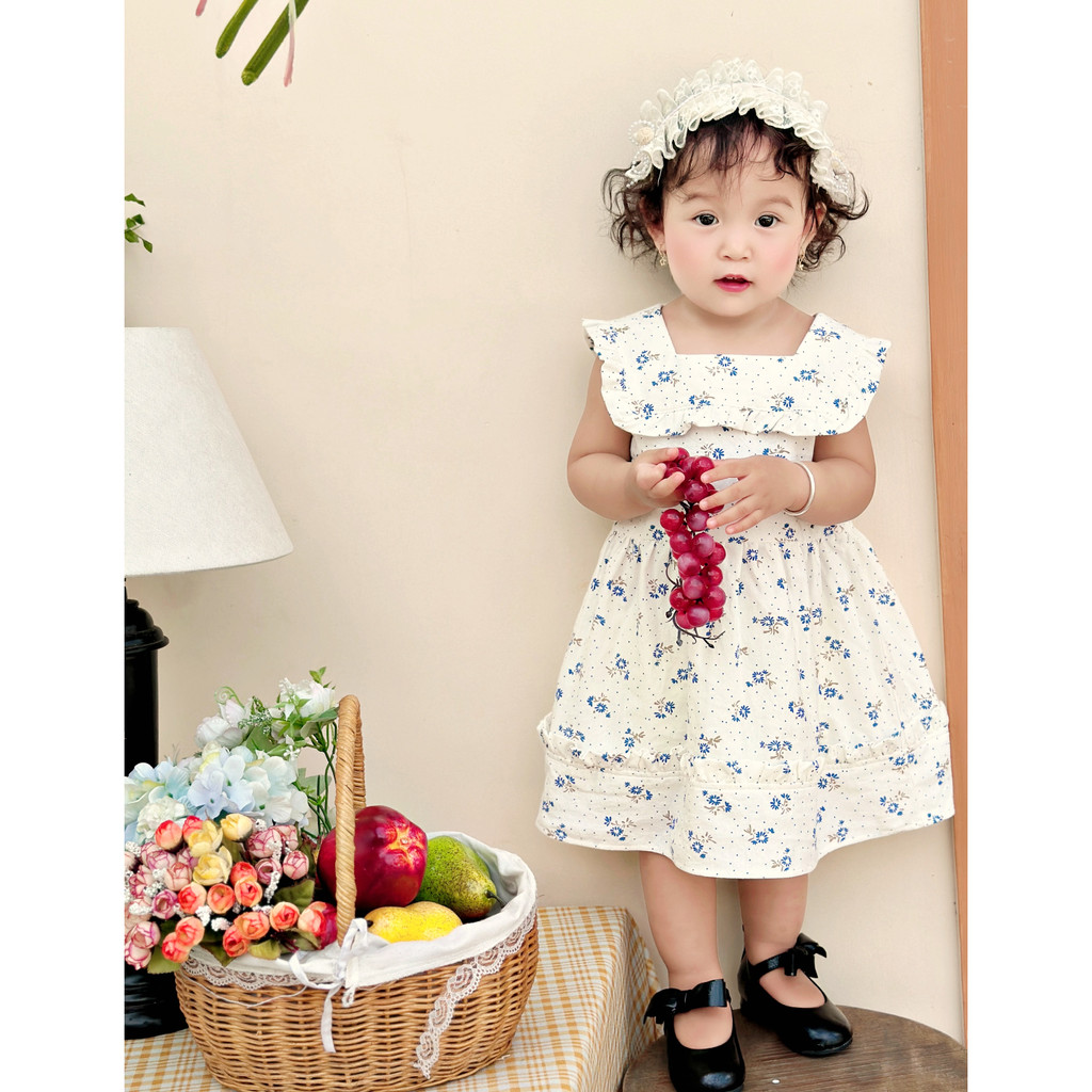 Váy Bé Gái Thiết Kế Cổ Vuông Nhún Bèo Họa Tiết Xinh Xắn Cho Bé Từ 1 Đến 6 Tuổi - Montren Dress - SAOLA CLOTHING - DRC046