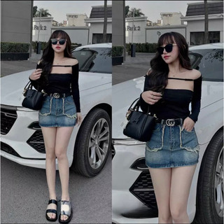 Chân váy jean túi nhọn viền cắt tua rua siêu xinh