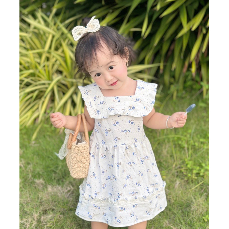 Váy Bé Gái Thiết Kế Cổ Vuông Nhún Bèo Họa Tiết Xinh Xắn Cho Bé Từ 1 Đến 6 Tuổi - Montren Dress - SAOLA CLOTHING - DRC046