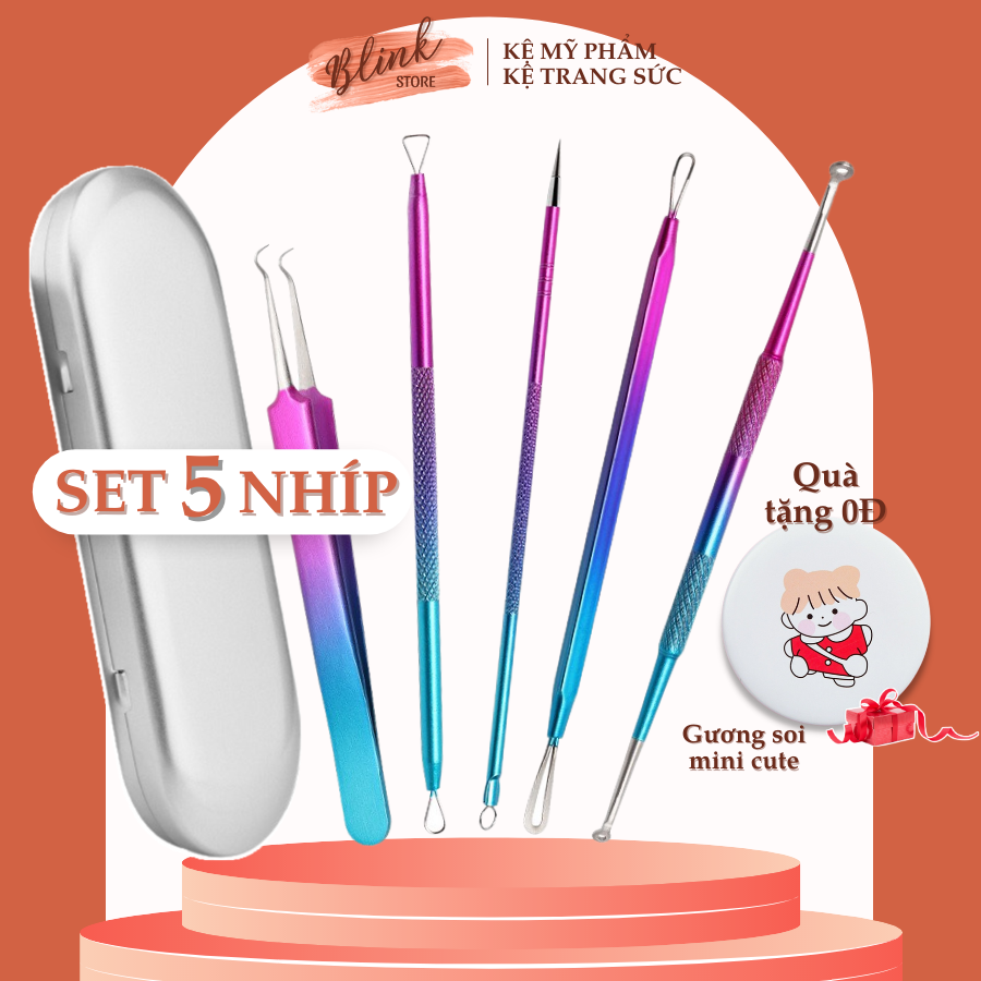 Cây nặn mụn bộ 5 món gồm que nhíp dụng cụ gắp mụn chuyên nghiệp spa cao cấp - Blink Store