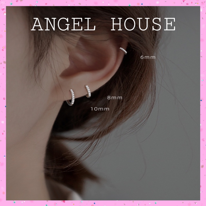 Bông tai bạc 925 nữ, khuyên tai bạc nữ vòng tròn đính đá Basic nhiều kích cỡ angel.house